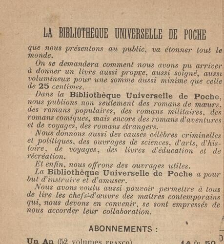 14 x 9.5 cm; 2 s.p. + 158 p. + 6 s.p., price of the book “25 centimes/30 centimes” on the front cover. L. 1 titles of the